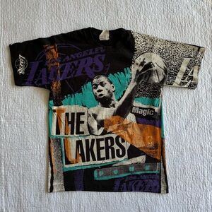 VTG Magic Johnson Los Angeles Lakers All Over Print Black T-Shirt size Medium